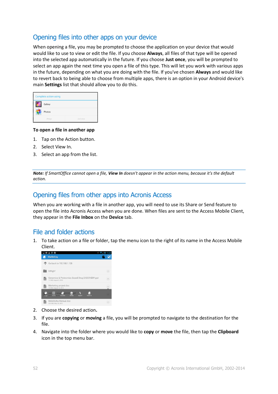 Opening files into other apps on your device, Opening files from other apps into acronis access, File and folder actions | 52 file and folder actions | Acronis Access - User Guide User Manual | Page 52 / 91