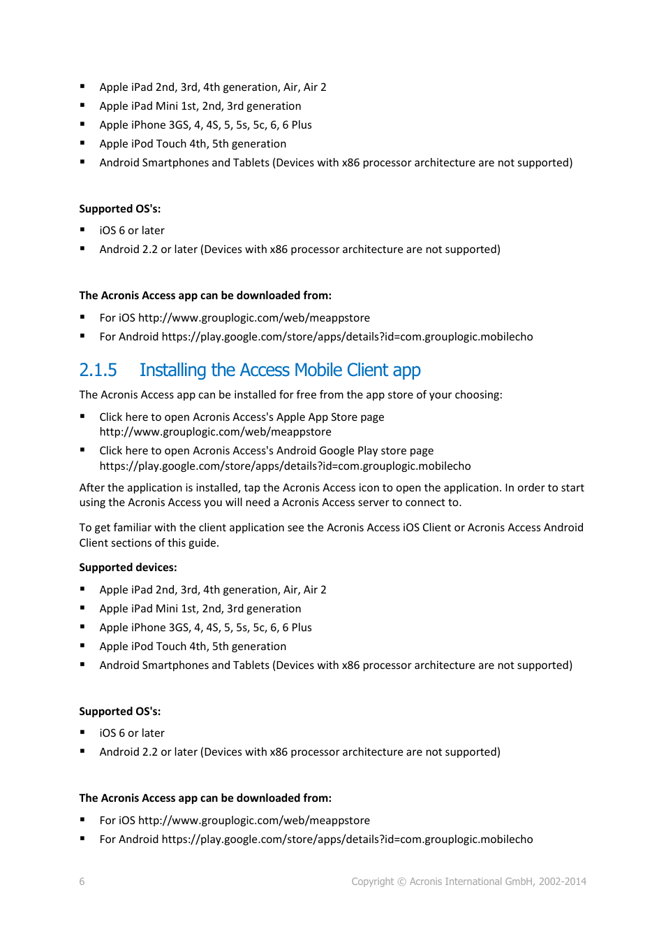 5 installing the access mobile client app, Installing the access mobile client app | Acronis Access - User Guide User Manual | Page 6 / 91