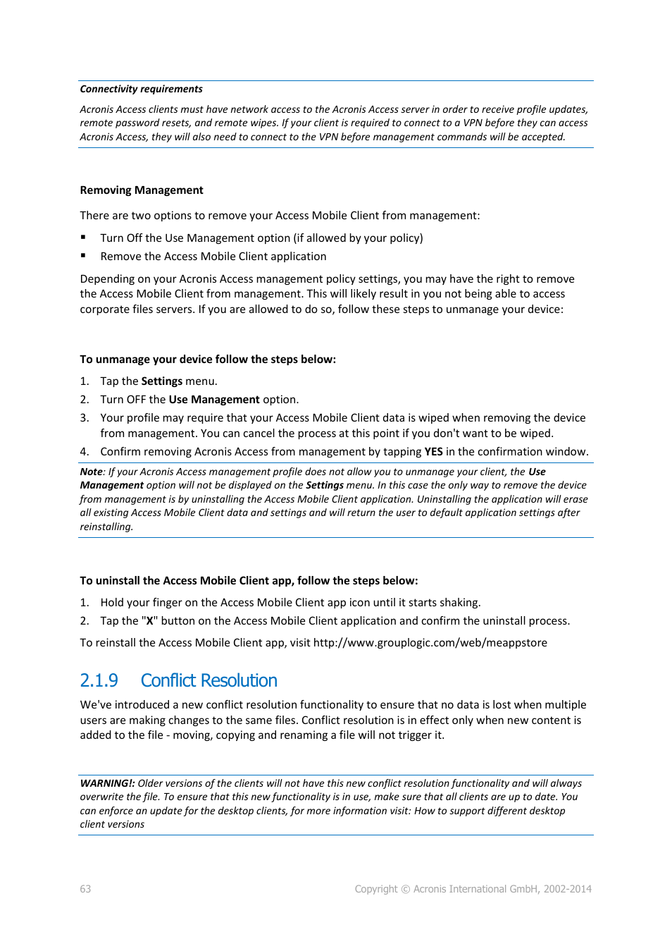9 conflict resolution, Conflict resolution | Acronis Access - User Guide User Manual | Page 63 / 91
