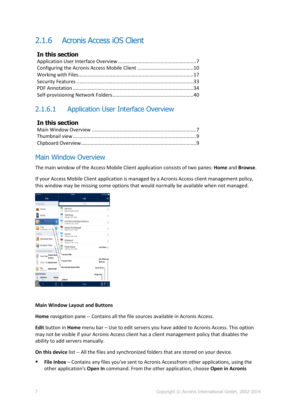 6 acronis access ios client, 1 application user interface overview, Main window overview | Acronis access ios client | Acronis Access - User Guide User Manual | Page 7 / 91
