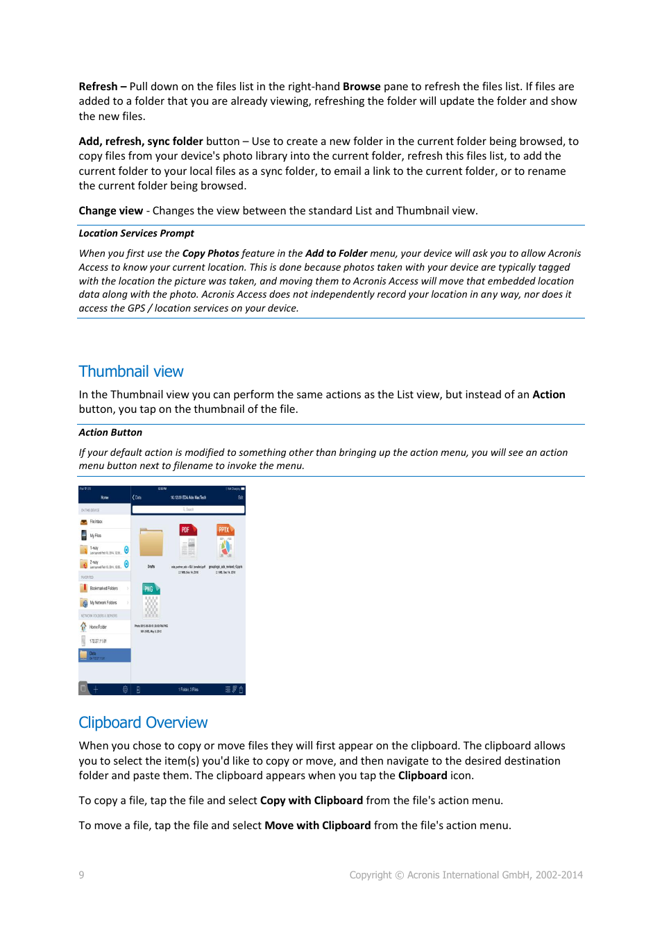 Thumbnail view, Clipboard overview | Acronis Access - User Guide User Manual | Page 9 / 91