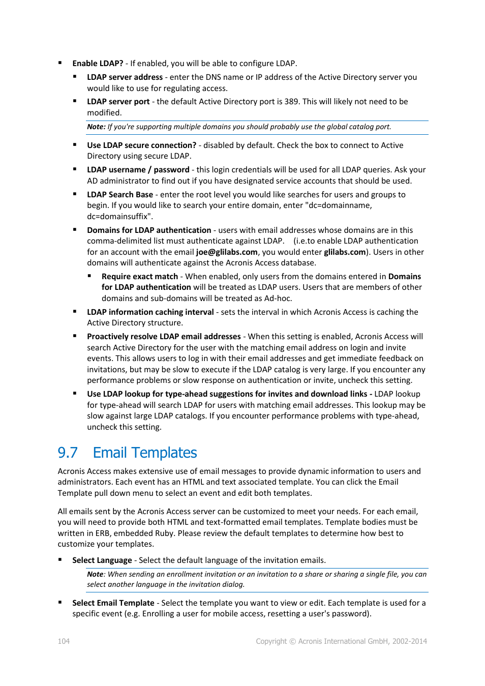 7 email templates, Email templates | Acronis Access - Installation Guide User Manual | Page 104 / 177