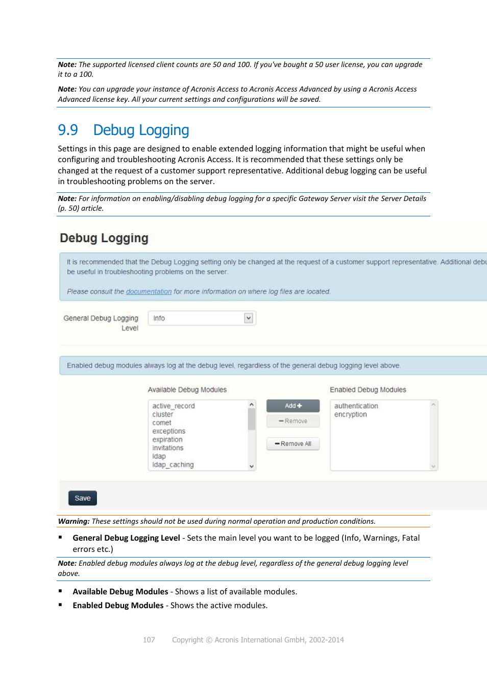 9 debug logging, Debug logging | Acronis Access - Installation Guide User Manual | Page 107 / 177