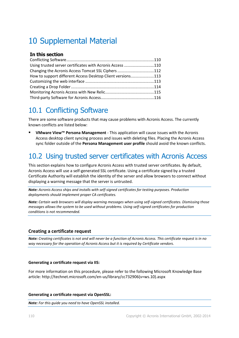 10 supplemental material, 1 conflicting software, Supplemental material | Conflicting software | Acronis Access - Installation Guide User Manual | Page 110 / 177