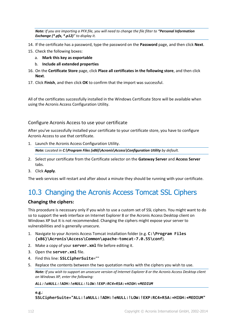 3 changing the acronis access tomcat ssl ciphers, Changing the acronis access tomcat ssl ciphers | Acronis Access - Installation Guide User Manual | Page 112 / 177