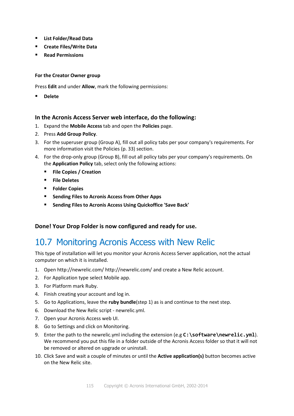 7 monitoring acronis access with new relic, Monitoring acronis access with new relic | Acronis Access - Installation Guide User Manual | Page 115 / 177