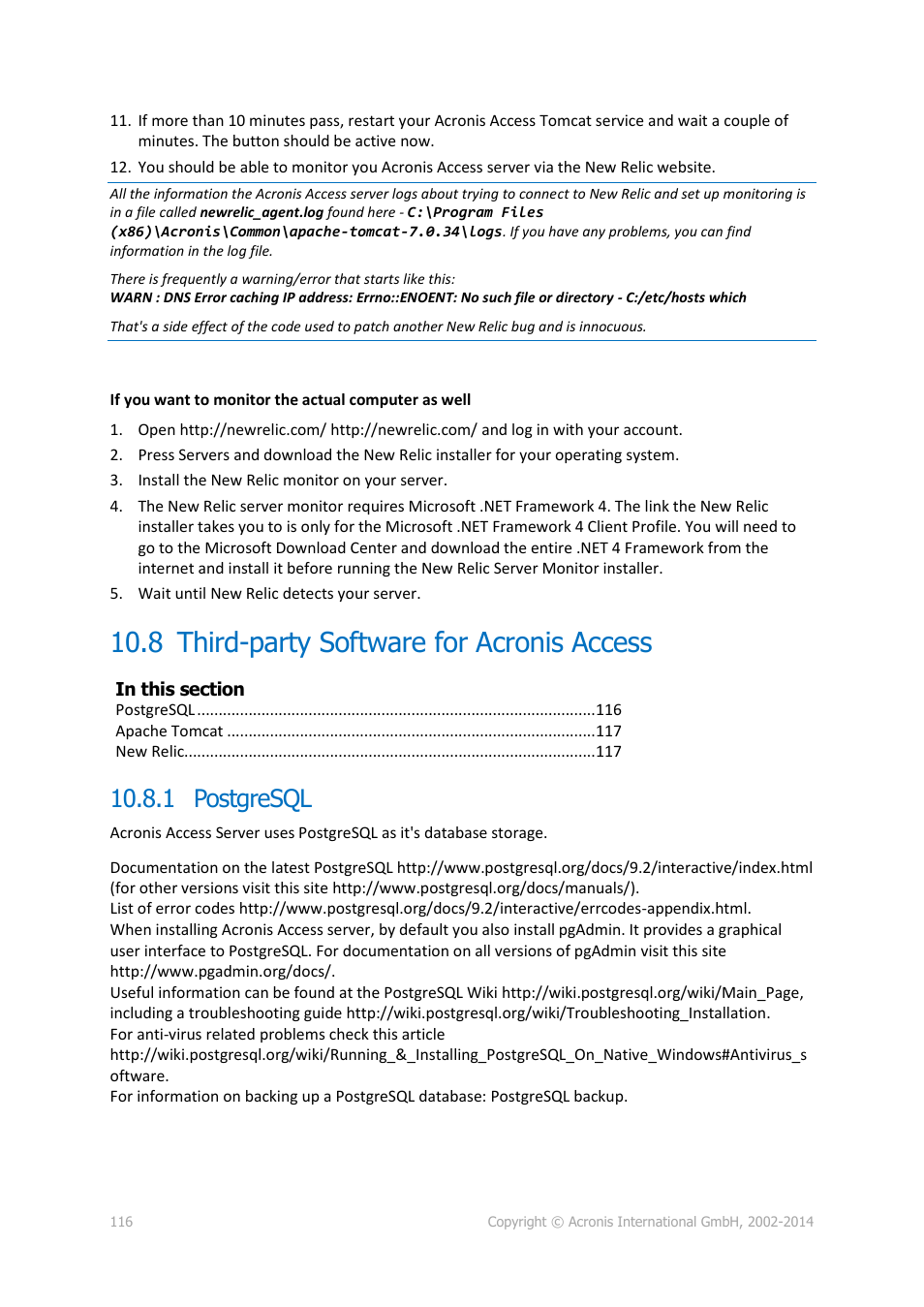 8 third-party software for acronis access, 1 postgresql, Third-party software for acronis access | Acronis Access - Installation Guide User Manual | Page 116 / 177