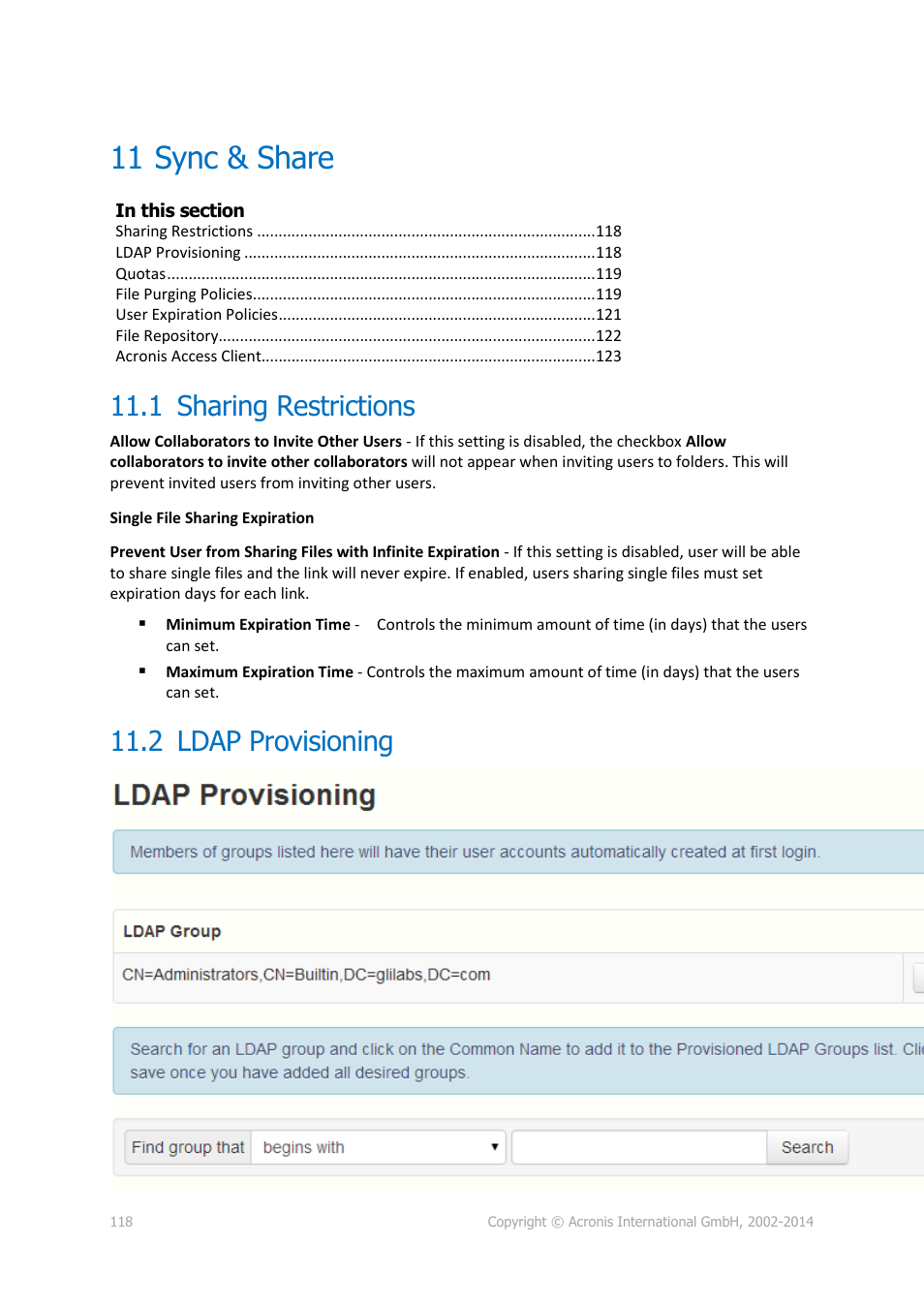 11 sync & share, 1 sharing restrictions, 2 ldap provisioning | Sync & share, Sharing restrictions, Ldap provisioning | Acronis Access - Installation Guide User Manual | Page 118 / 177