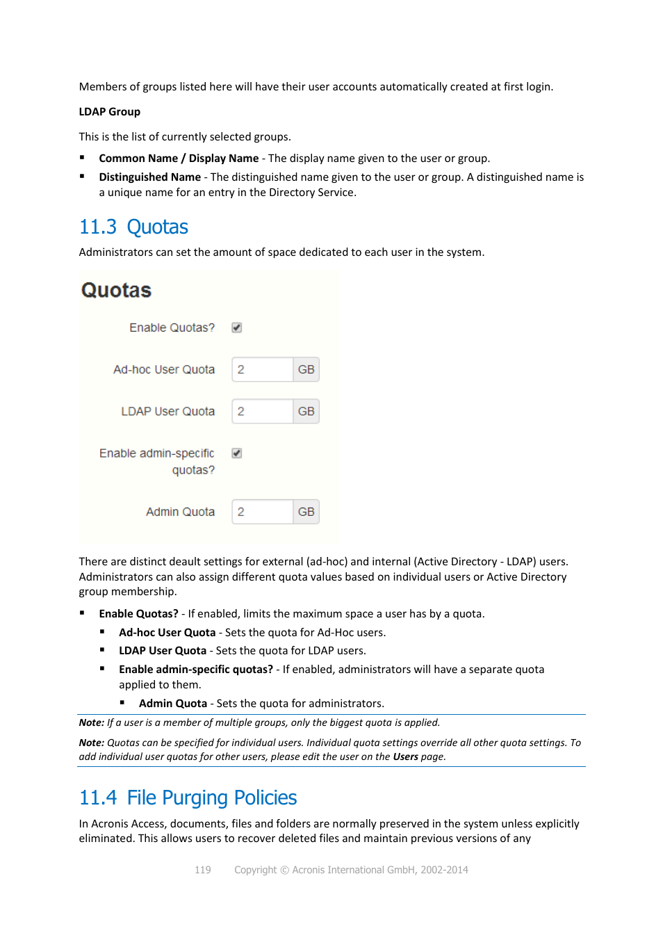 3 quotas, 4 file purging policies, Quotas | File purging policies | Acronis Access - Installation Guide User Manual | Page 119 / 177