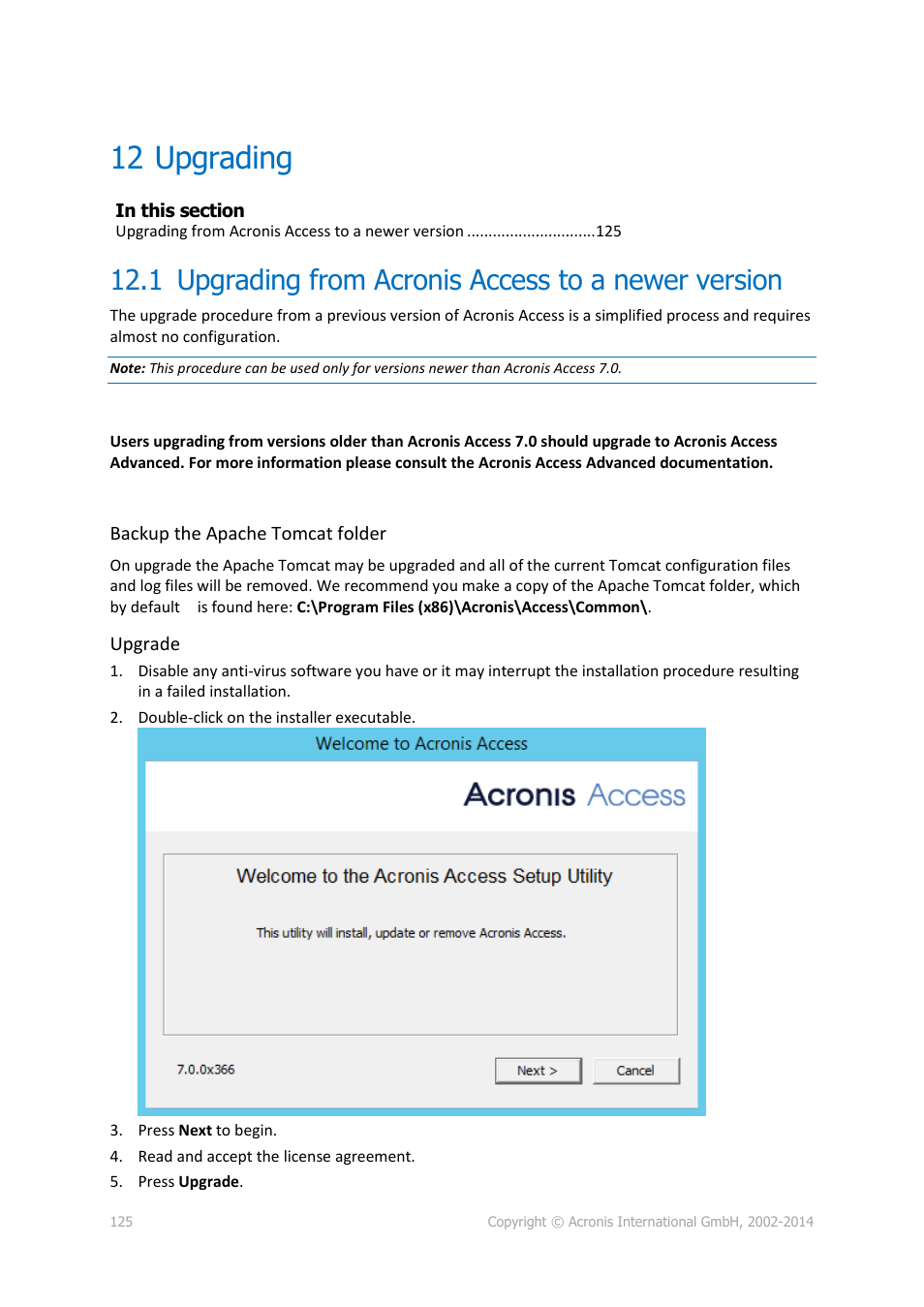 12 upgrading, 1 upgrading from acronis access to a newer version, Upgrading | Upgrading from acronis access to a newer version | Acronis Access - Installation Guide User Manual | Page 125 / 177