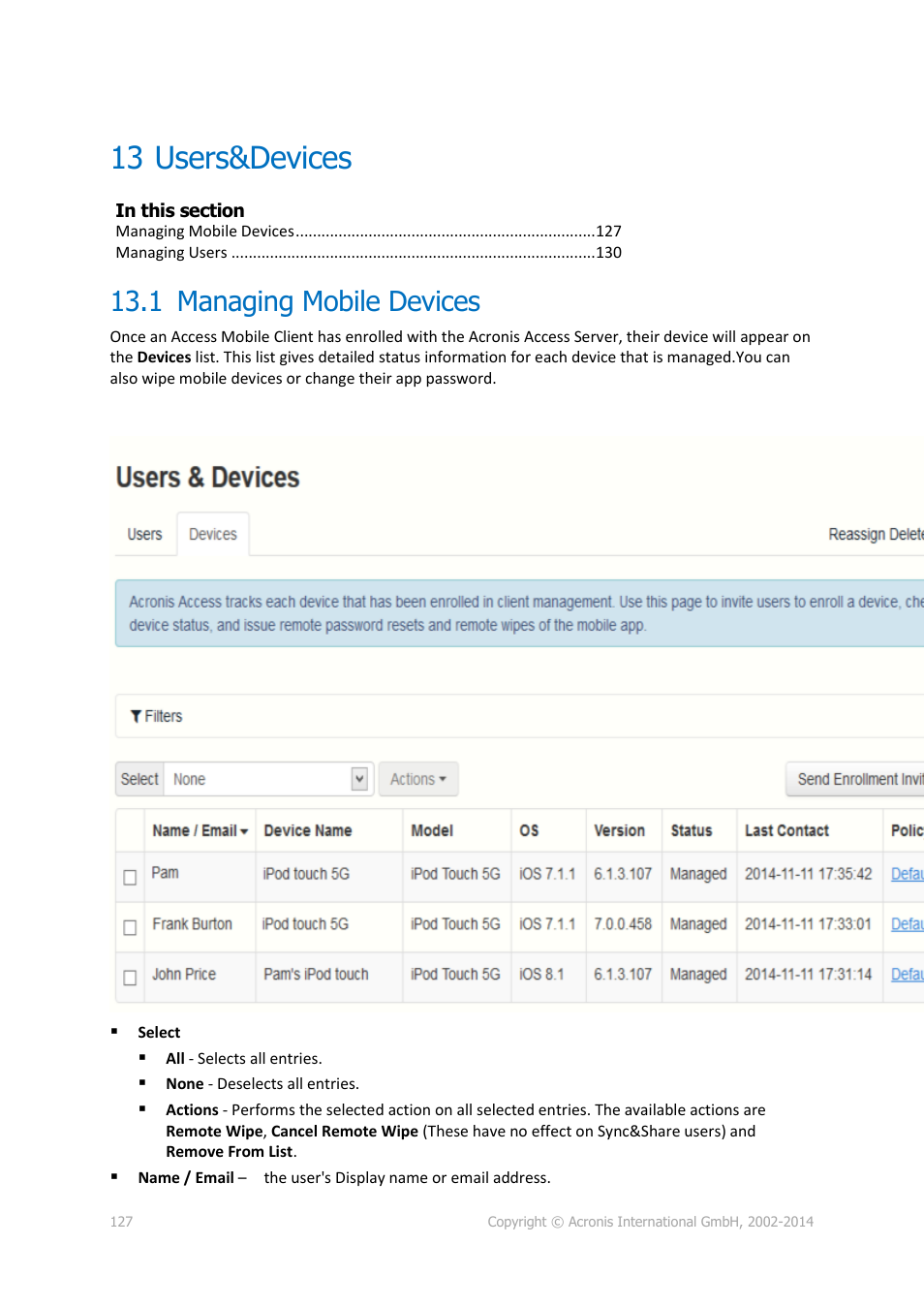 13 users&devices, 1 managing mobile devices, Users&devices | Managing mobile devices | Acronis Access - Installation Guide User Manual | Page 127 / 177