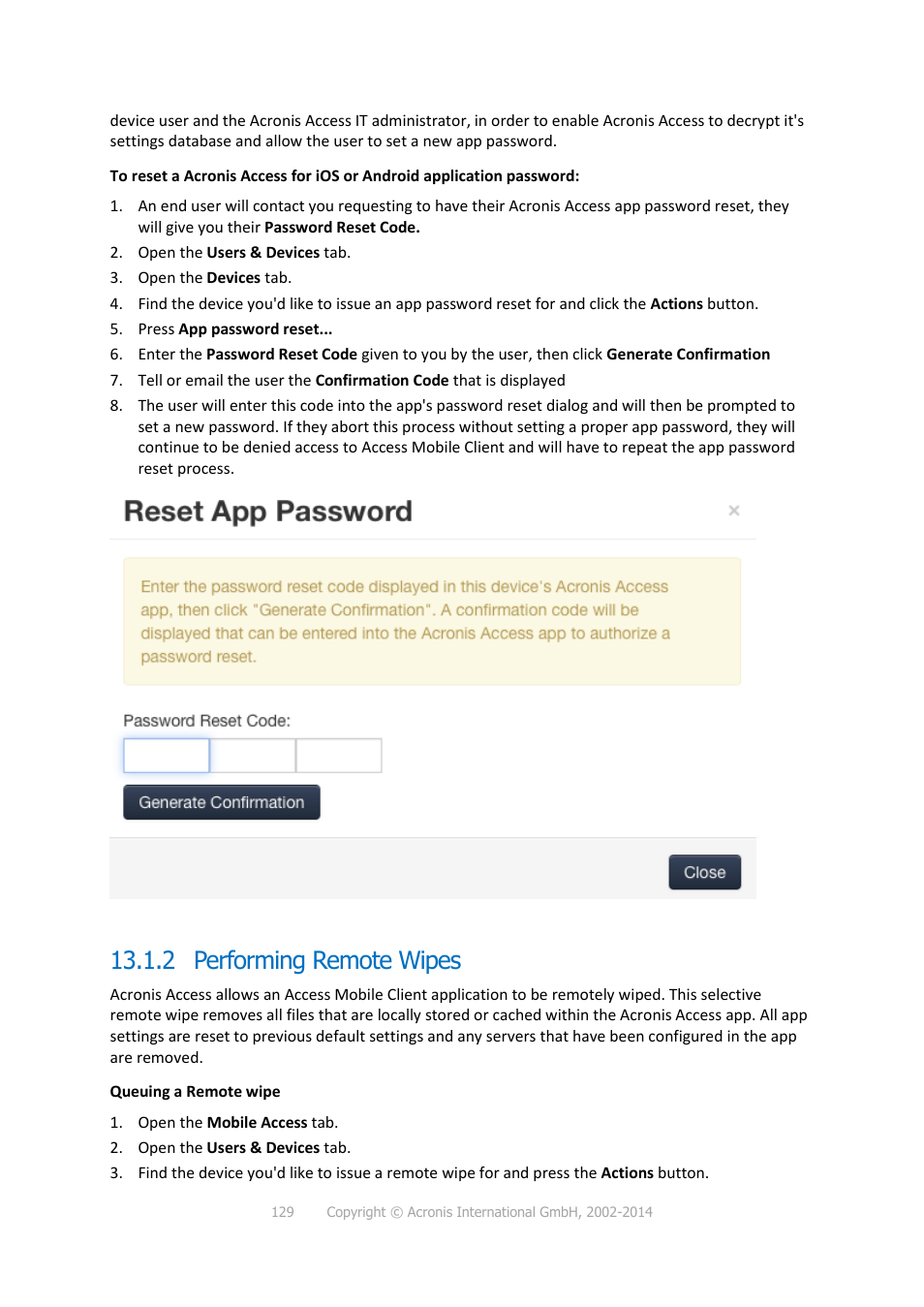 2 performing remote wipes | Acronis Access - Installation Guide User Manual | Page 129 / 177