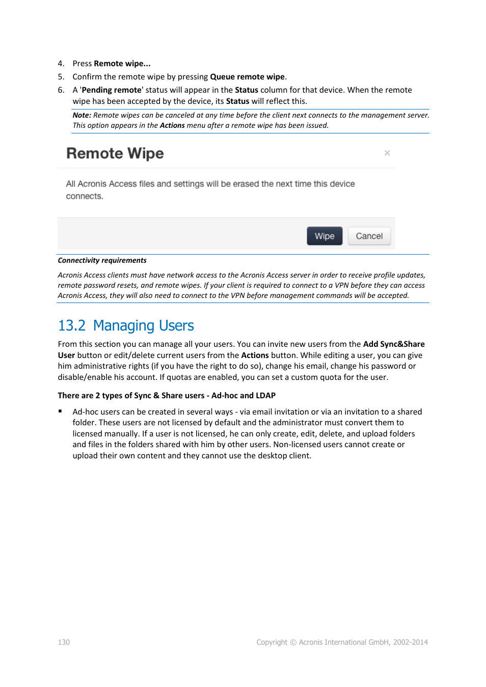 2 managing users, Managing users | Acronis Access - Installation Guide User Manual | Page 130 / 177