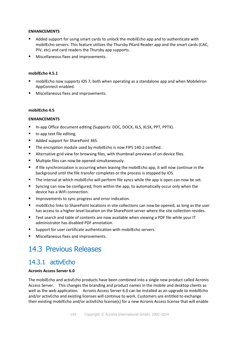 3 previous releases, 1 activecho, Previous releases | Acronis Access - Installation Guide User Manual | Page 149 / 177