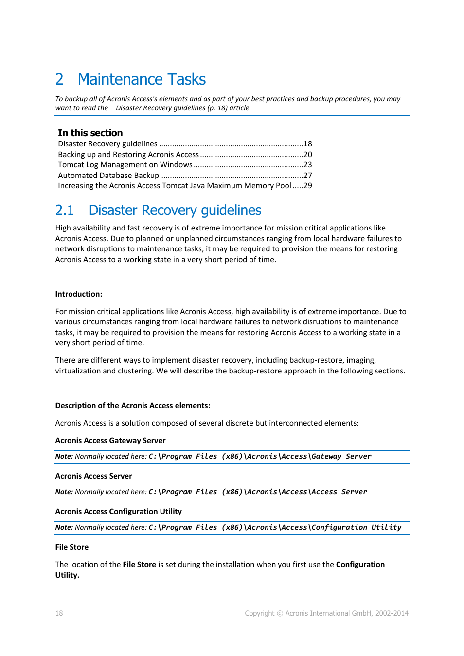 2 maintenance tasks, 1 disaster recovery guidelines, Maintenance tasks | Disaster recovery guidelines | Acronis Access - Installation Guide User Manual | Page 18 / 177