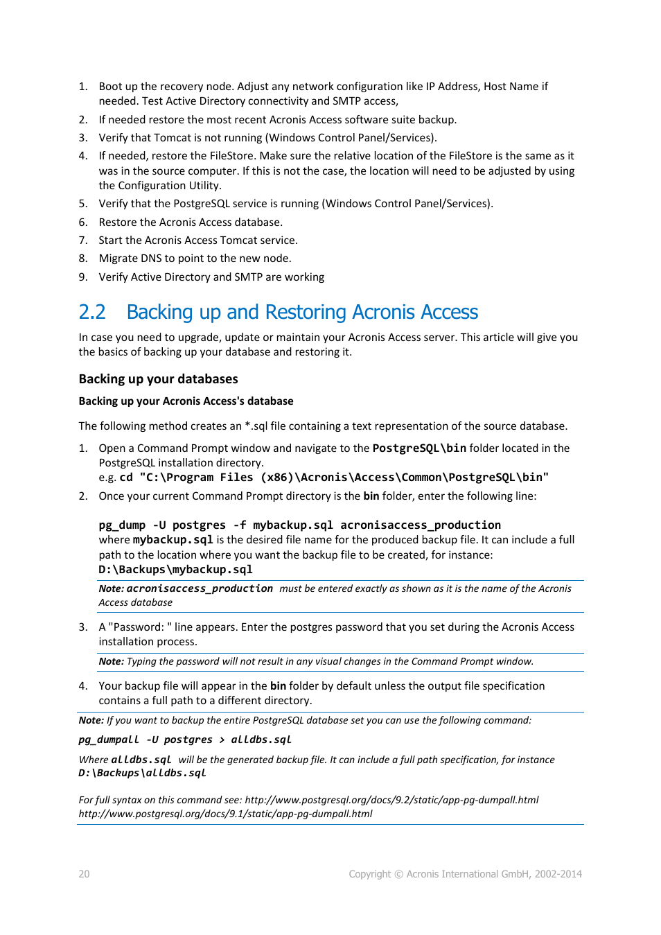 2 backing up and restoring acronis access, Backing up and restoring acronis access | Acronis Access - Installation Guide User Manual | Page 20 / 177