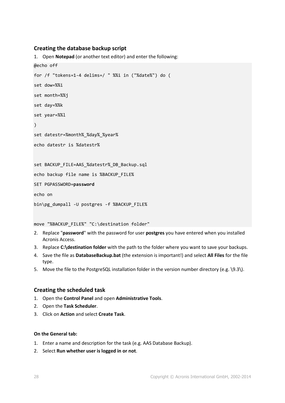 Creating the database backup script, Creating the scheduled task | Acronis Access - Installation Guide User Manual | Page 28 / 177