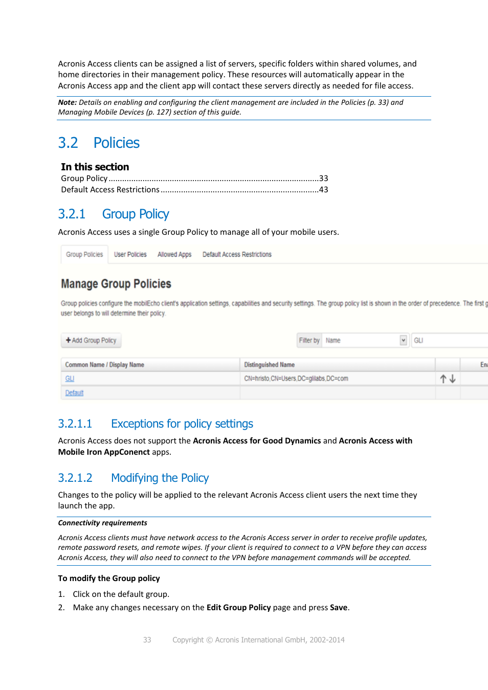 2 policies, 1 group policy, 1 exceptions for policy settings | 2 modifying the policy, Policies, Group policy | Acronis Access - Installation Guide User Manual | Page 33 / 177