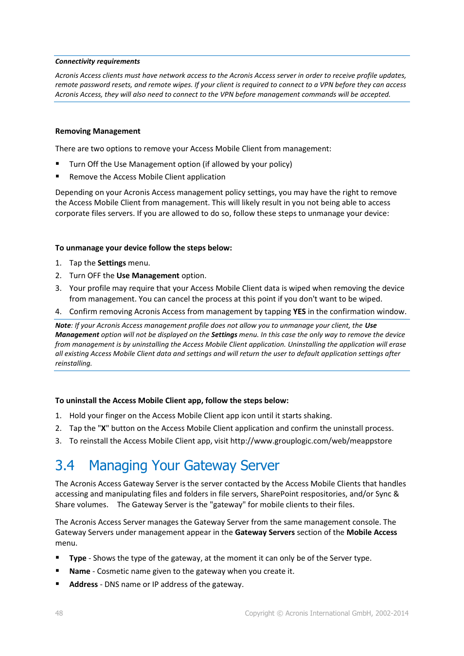 4 managing your gateway server, Managing your gateway server | Acronis Access - Installation Guide User Manual | Page 48 / 177