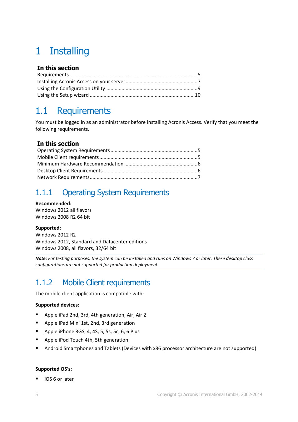 1 installing, 1 requirements, 1 operating system requirements | 2 mobile client requirements, Installing, Requirements, Operating system requirements, Mobile client requirements | Acronis Access - Installation Guide User Manual | Page 5 / 177