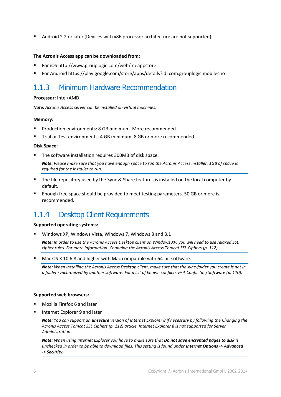 3 minimum hardware recommendation, 4 desktop client requirements, Minimum hardware recommendation | Desktop client requirements | Acronis Access - Installation Guide User Manual | Page 6 / 177