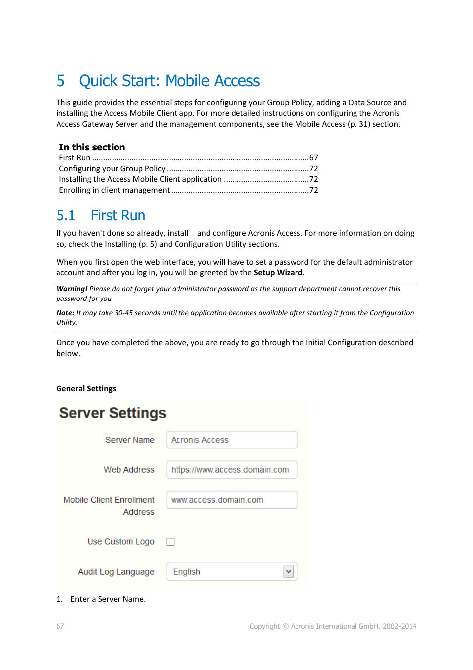 5 quick start: mobile access, 1 first run, Quick start: mobile access | First run | Acronis Access - Installation Guide User Manual | Page 67 / 177