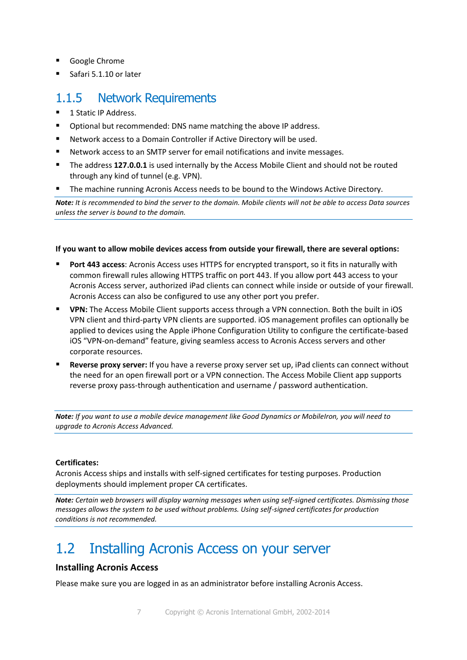 5 network requirements, 2 installing acronis access on your server, Network requirements | Installing acronis access on your server | Acronis Access - Installation Guide User Manual | Page 7 / 177