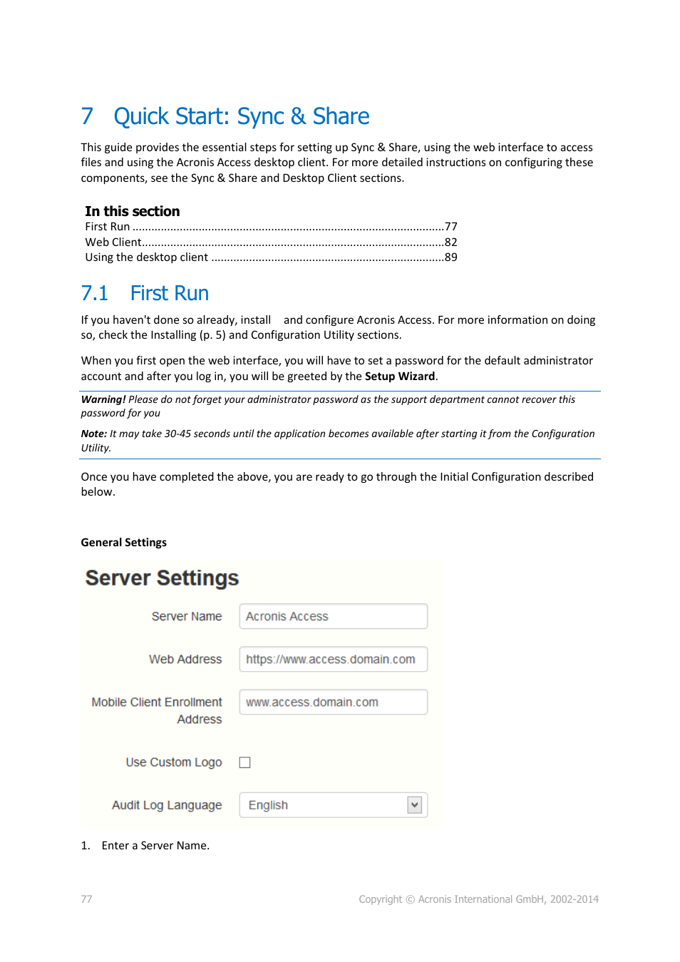 7 quick start: sync & share, 1 first run, Quick start: sync & share | First run | Acronis Access - Installation Guide User Manual | Page 77 / 177