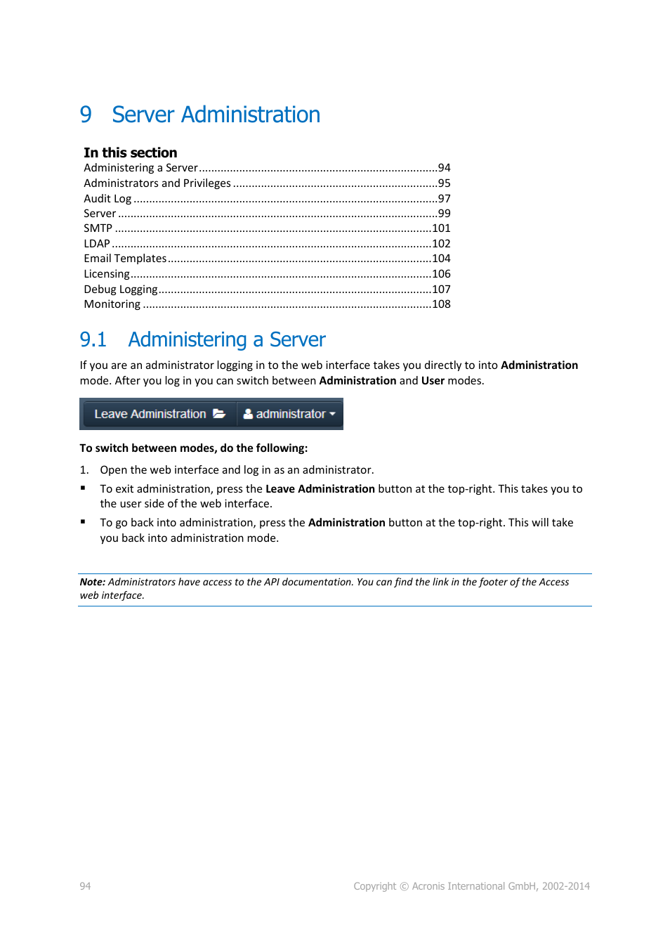 9 server administration, 1 administering a server, Server administration | Administering a server | Acronis Access - Installation Guide User Manual | Page 94 / 177