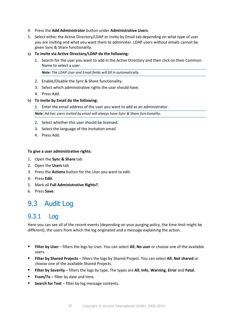 3 audit log, 1 log, Audit log | Acronis Access - Installation Guide User Manual | Page 97 / 177