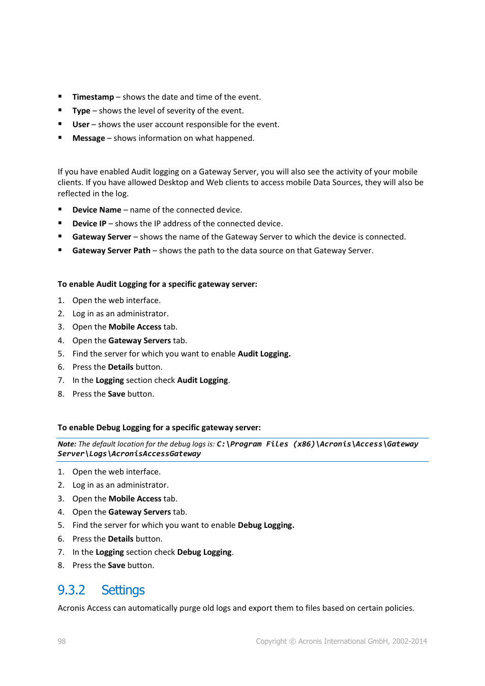 2 settings, Settings | Acronis Access - Installation Guide User Manual | Page 98 / 177