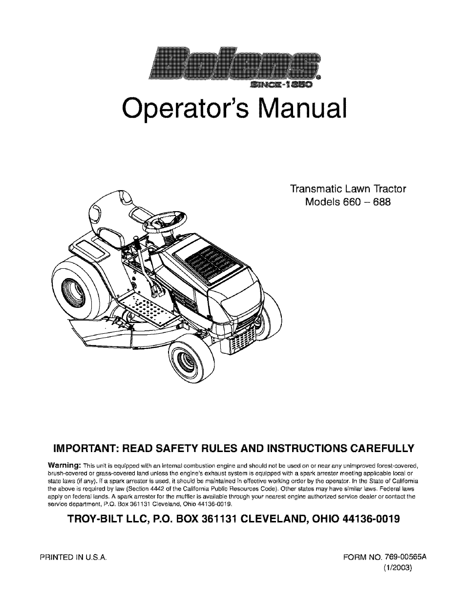 Bolens TRANSMATIC LAWN TRACTOR 660 User Manual | 32 pages