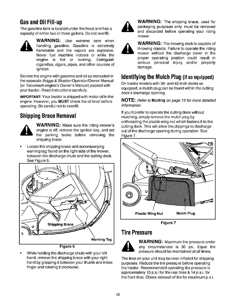 Gas and oil fill-up, Identifying the mulch plug (if so equipped), Tire pressure | If so equipped) | Bolens TRANSMATIC LAWN TRACTOR 660 User Manual | Page 10 / 32