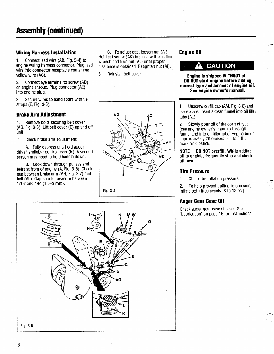 Wiring harness instailation, Brake arm adjustment, Engine oil | Caution, Tire pressure, Auger gear case oil, Assembly (continued) | Bolens 1026 User Manual | Page 10 / 26