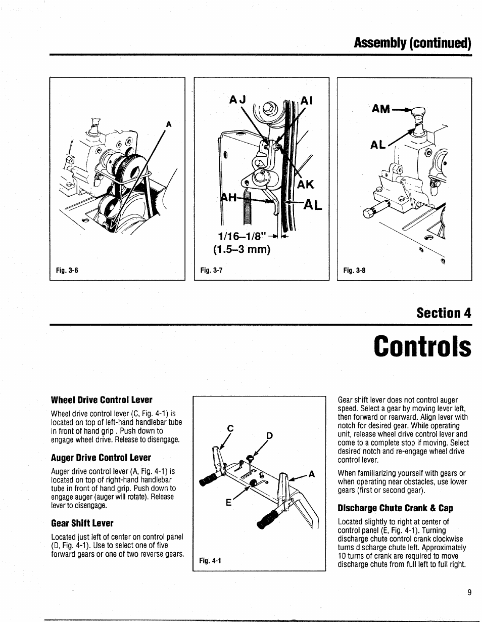 Wheel drive control lever, Auger drive control lever, Gear shift lever | Discharge chute crank & cap, Controls, Assembly (continued) | Bolens 1026 User Manual | Page 11 / 26