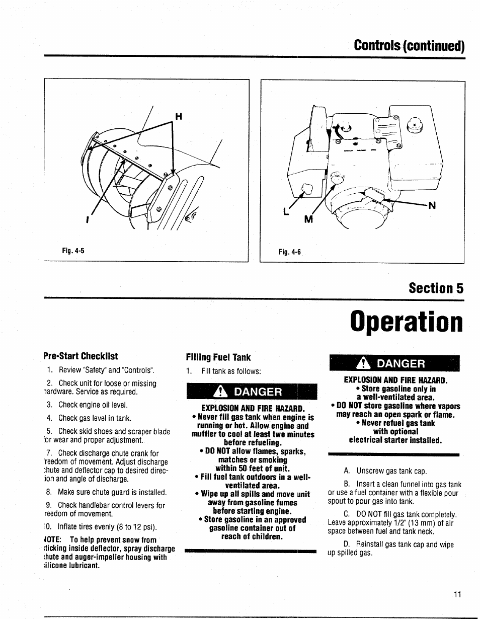 Section 5, Pre-start checklist, Filling fuel tank | A danger, Danger, Operation, Controls (continual) | Bolens 1026 User Manual | Page 13 / 26