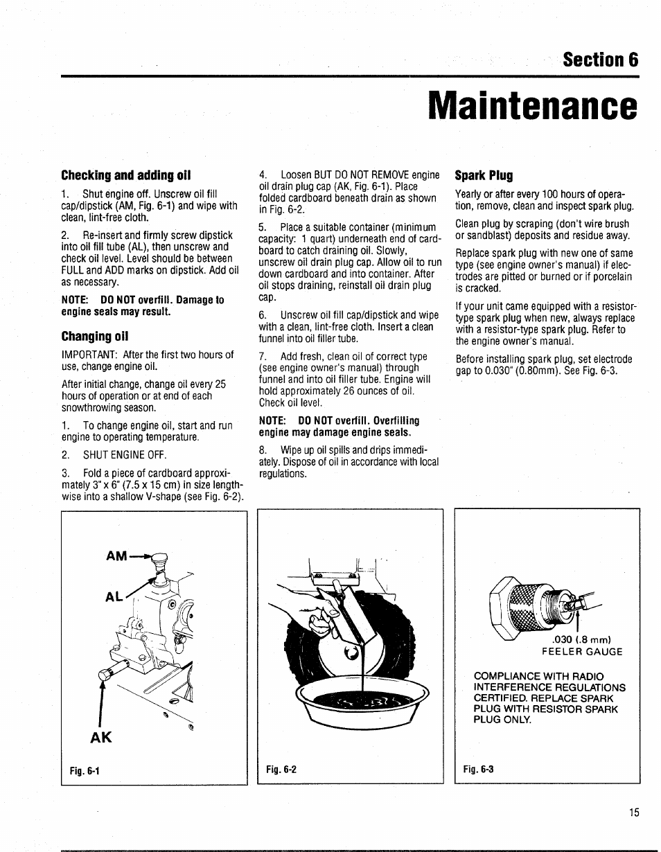 Checking and adding oil, Changing oil, Spark plug | Maintenance | Bolens 1026 User Manual | Page 17 / 26