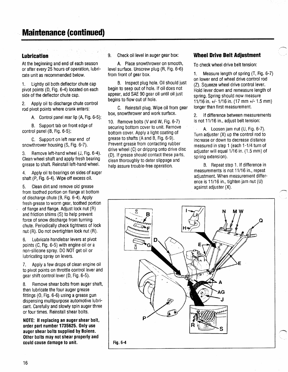 Lubrication, Wheel drive belt adjustment, Maintenance (continued) | Bolens 1026 User Manual | Page 18 / 26