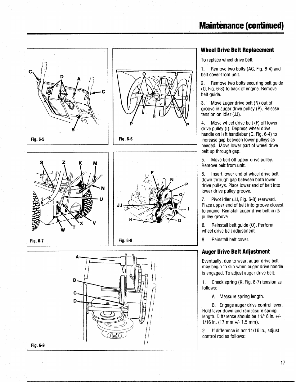 Wheel drive belt replacement, Auger drive belt adjustment, Maintenance (continued) | Bolens 1026 User Manual | Page 19 / 26
