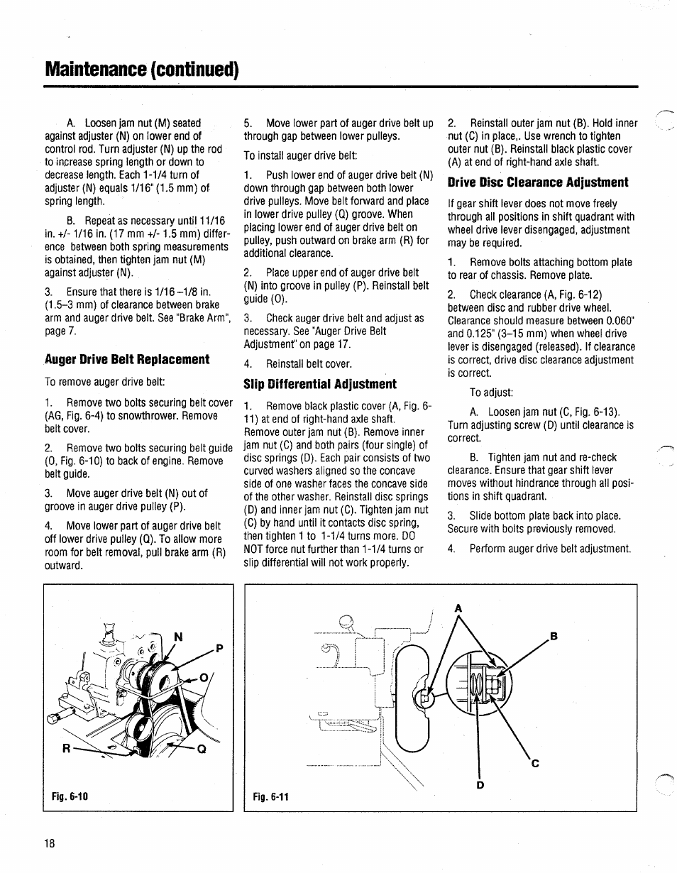 Auger drive belt replacement, Slip differential adjustment, Drive disc clearance adjustment | Maintenance (continued) | Bolens 1026 User Manual | Page 20 / 26
