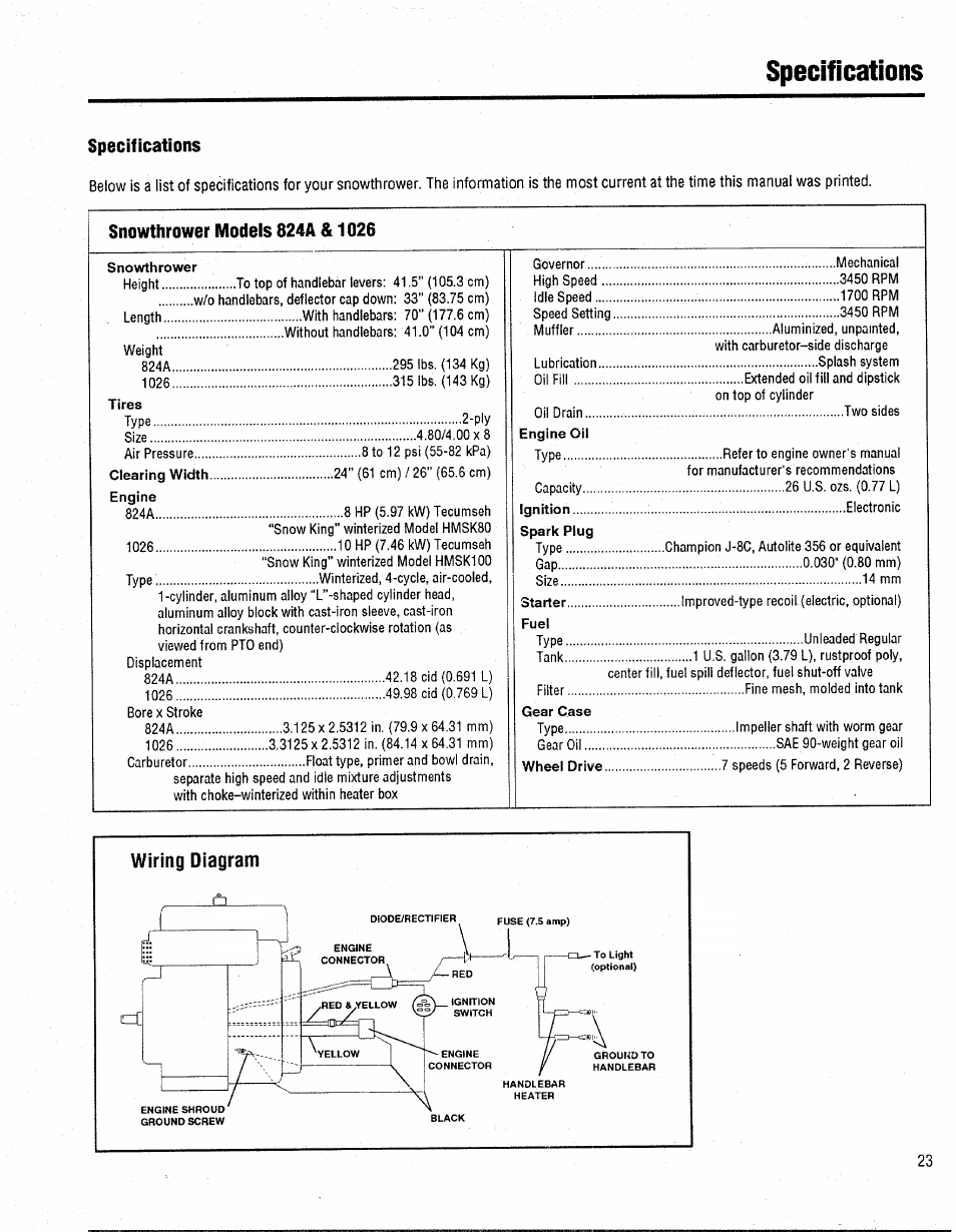 Specifications, Snowthrower models 824a & 1026 | Bolens 1026 User Manual | Page 25 / 26