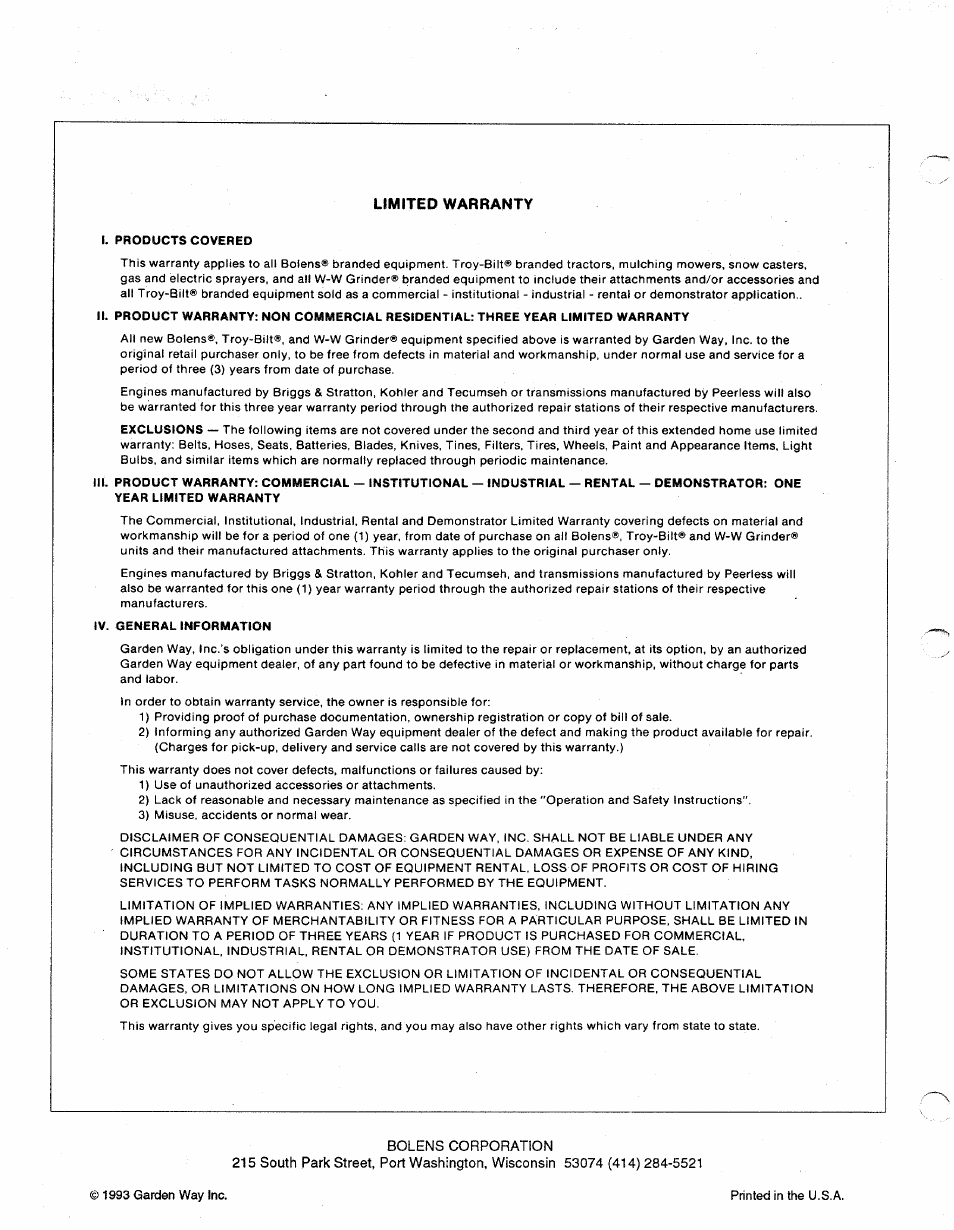 Limited warranty | Bolens 1026 User Manual | Page 26 / 26