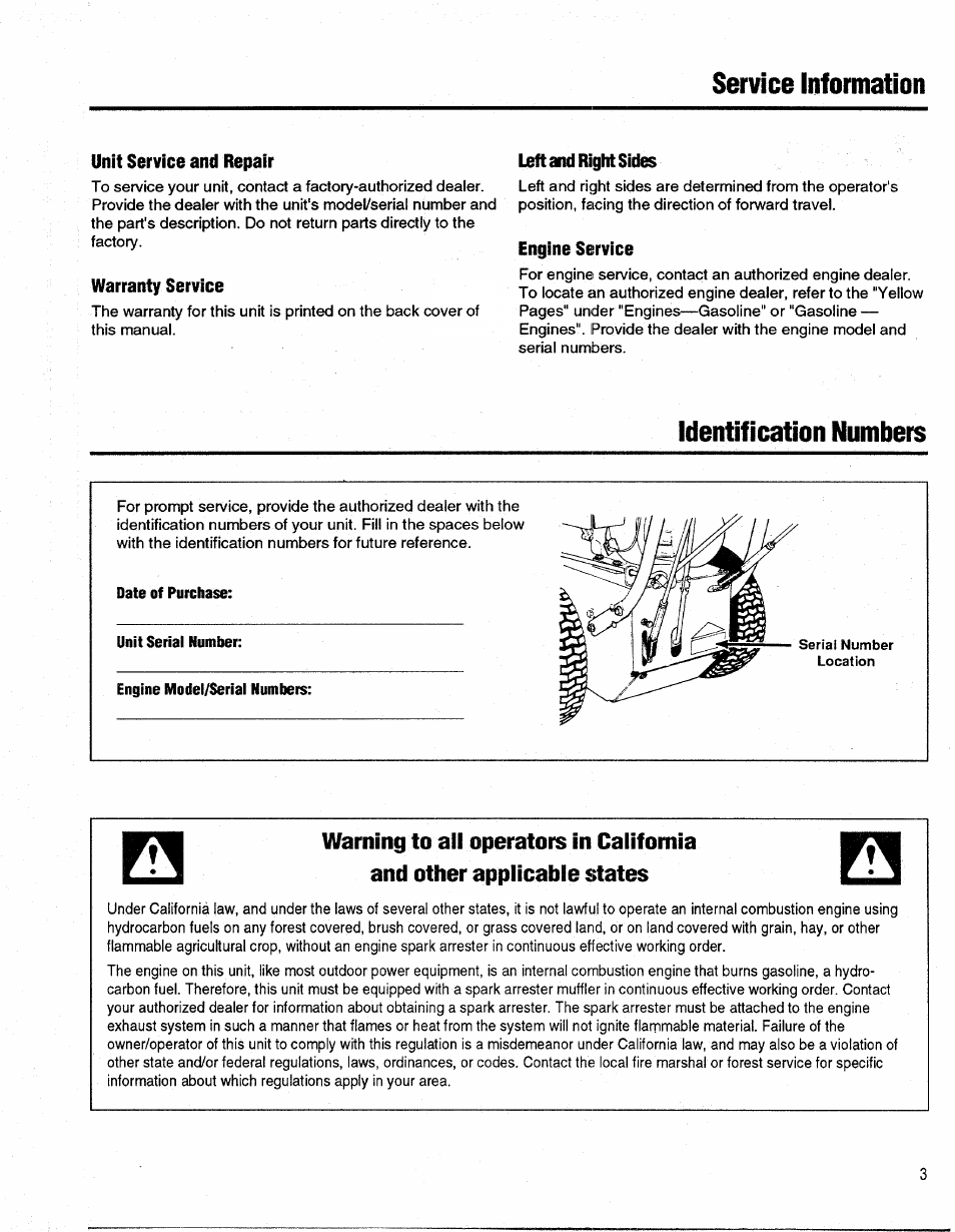 Unit service and repair, Warranty service, Left and right sides | Engine service, Identification numbers | Bolens 1026 User Manual | Page 3 / 26