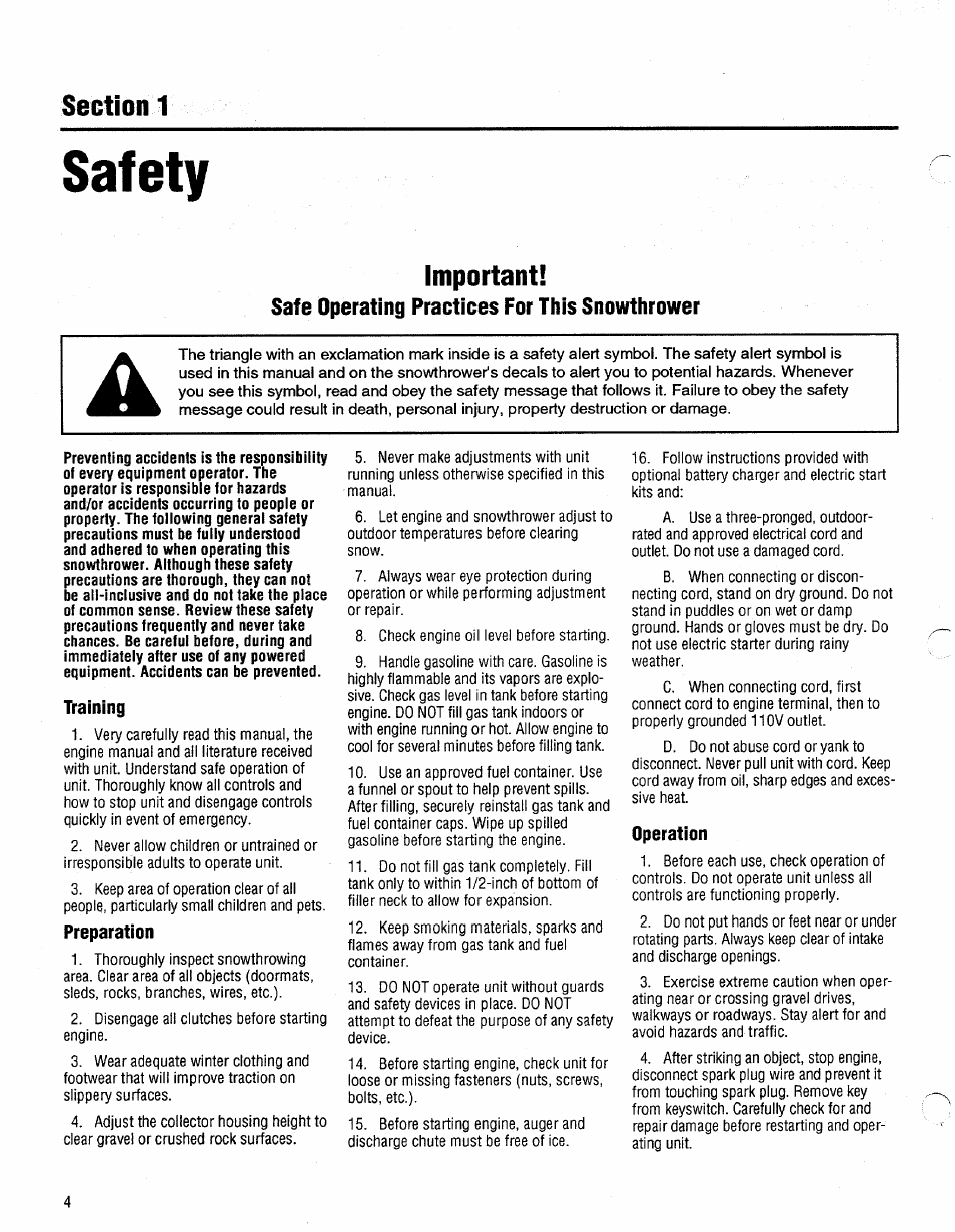Section 1, Important, Safe operating practices for this snowthrower | Training, Preparation, Operation, Safety | Bolens 1026 User Manual | Page 4 / 26