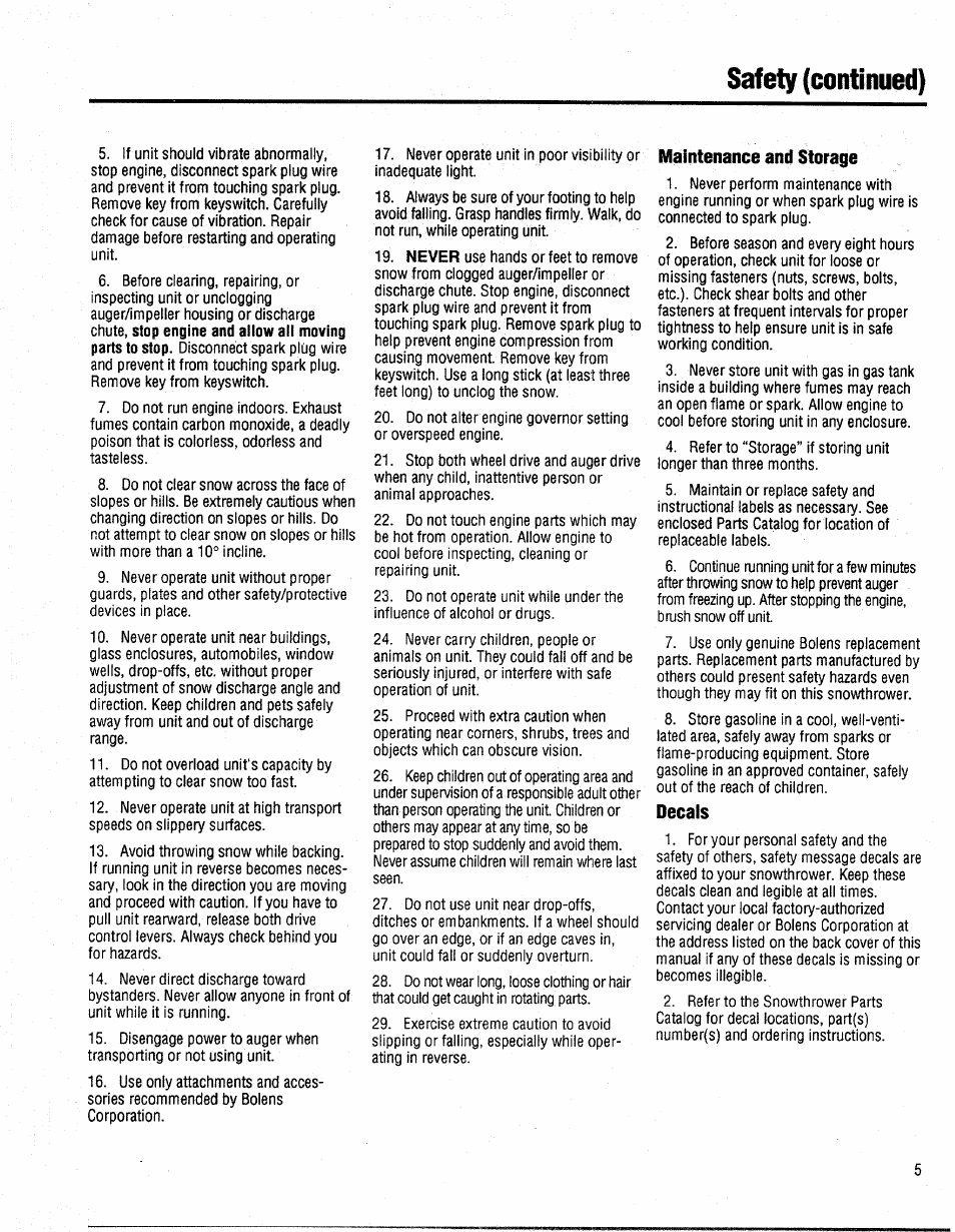 Maintenance and storage, Decals, Safety (continued) | Bolens 1026 User Manual | Page 5 / 26