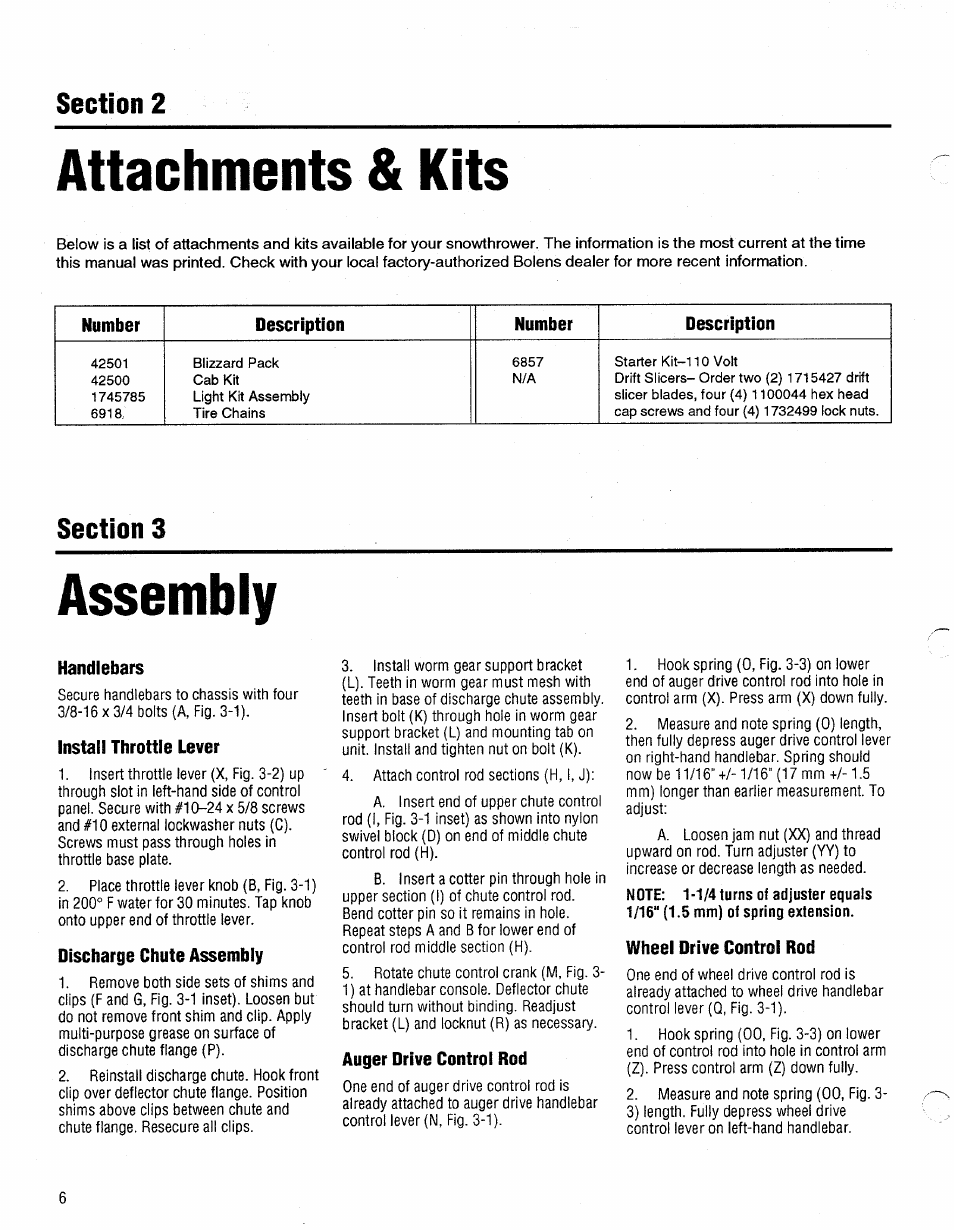 Section 2, Section 3, Handlebars | Install throttle lever, Discharge chute assembly, Auger drive control rod, Wheel drive control rod, Attachments & kits, Assembly | Bolens 1026 User Manual | Page 6 / 26
