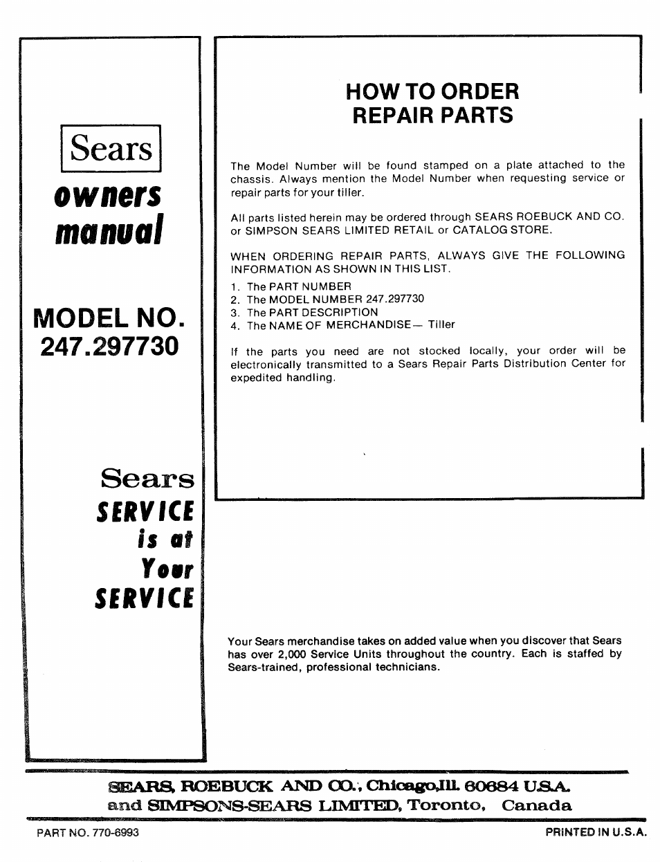 Howto order repair parts, Tiiier repair parts, Sears | Owners manual, Model no, Servici is at yaar service | Bolens 247.29773 User Manual | Page 28 / 28