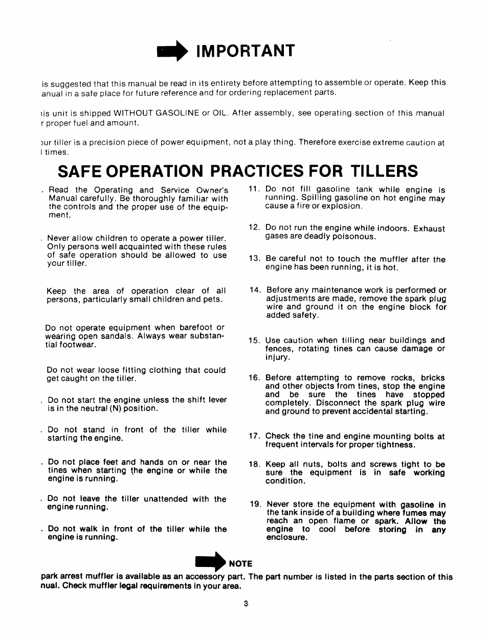 Important, Safe operation practices for tillers | Bolens 247.29773 User Manual | Page 3 / 28