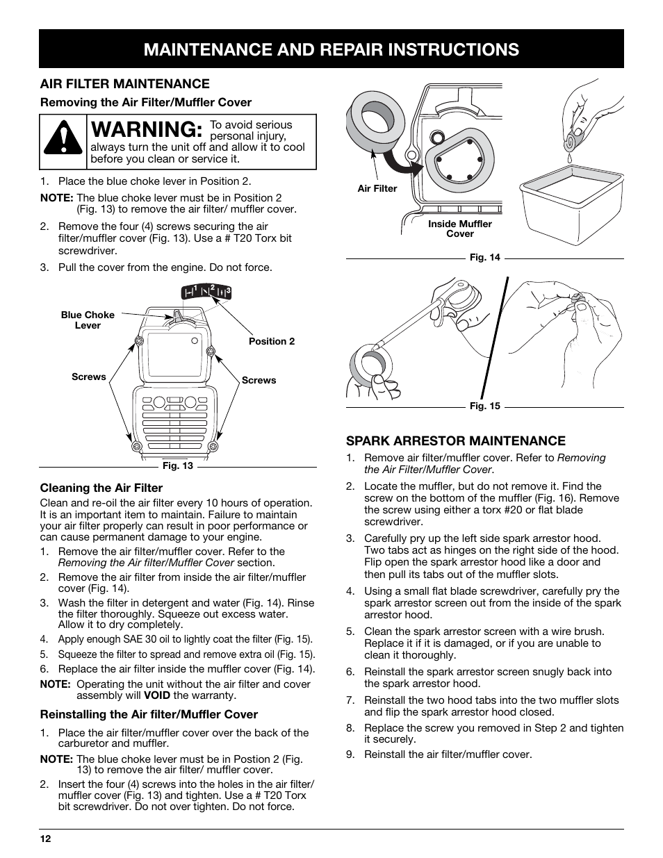 Warning, Maintenance and repair instructions | Bolens BL410 User Manual | Page 12 / 64