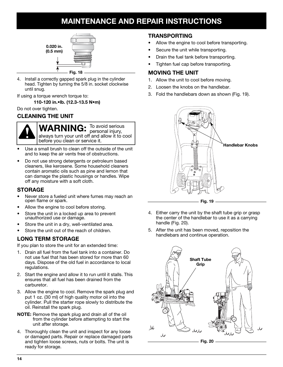 Warning, Maintenance and repair instructions | Bolens BL410 User Manual | Page 14 / 64